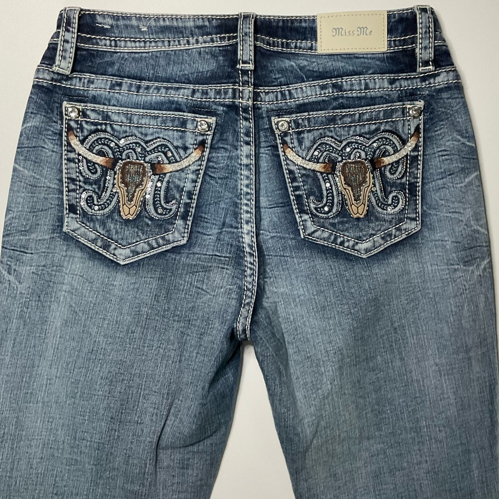 Miss Me 29 Longhorn Bull Embroidery Curvy Boot Cut Jeans Denim Western Logo